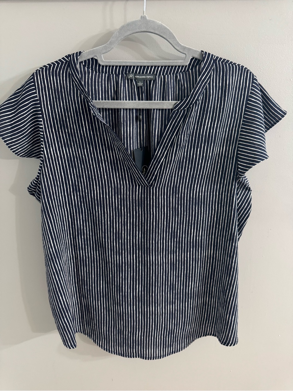 Adrianna Papell Navy and White Striped V-Neck Flutter Sleeve Top